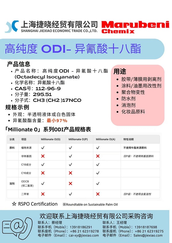 與丸紅Chemix合作推廣日本保土谷生產(chǎn)的高純度ODI——異氰酸十八酯